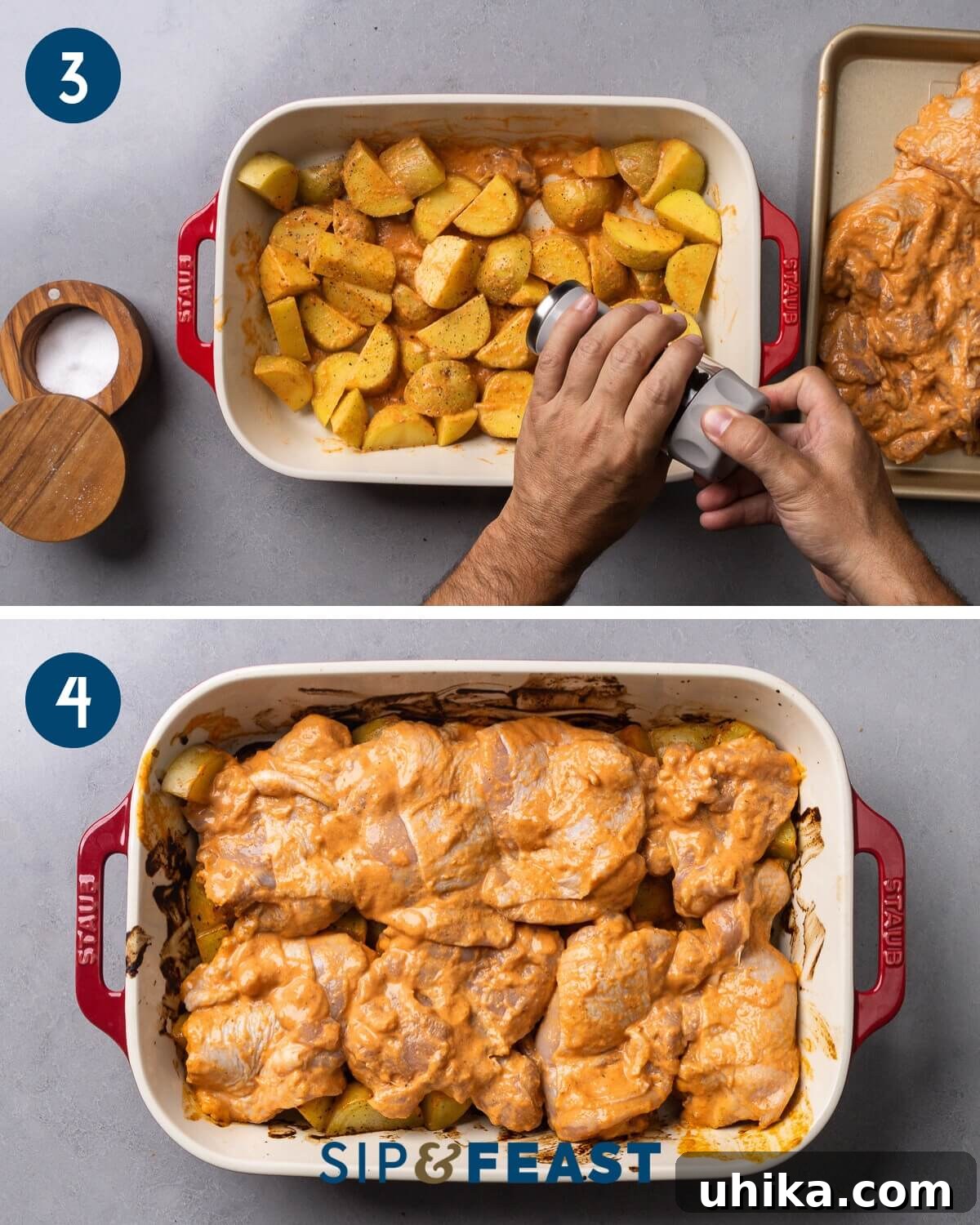 Sticky Hot Honey Chicken and Potatoes 6 Recipe collage showing seasoning the potatoes in a baking dish and adding the chicken thighs on top of the potatoes.