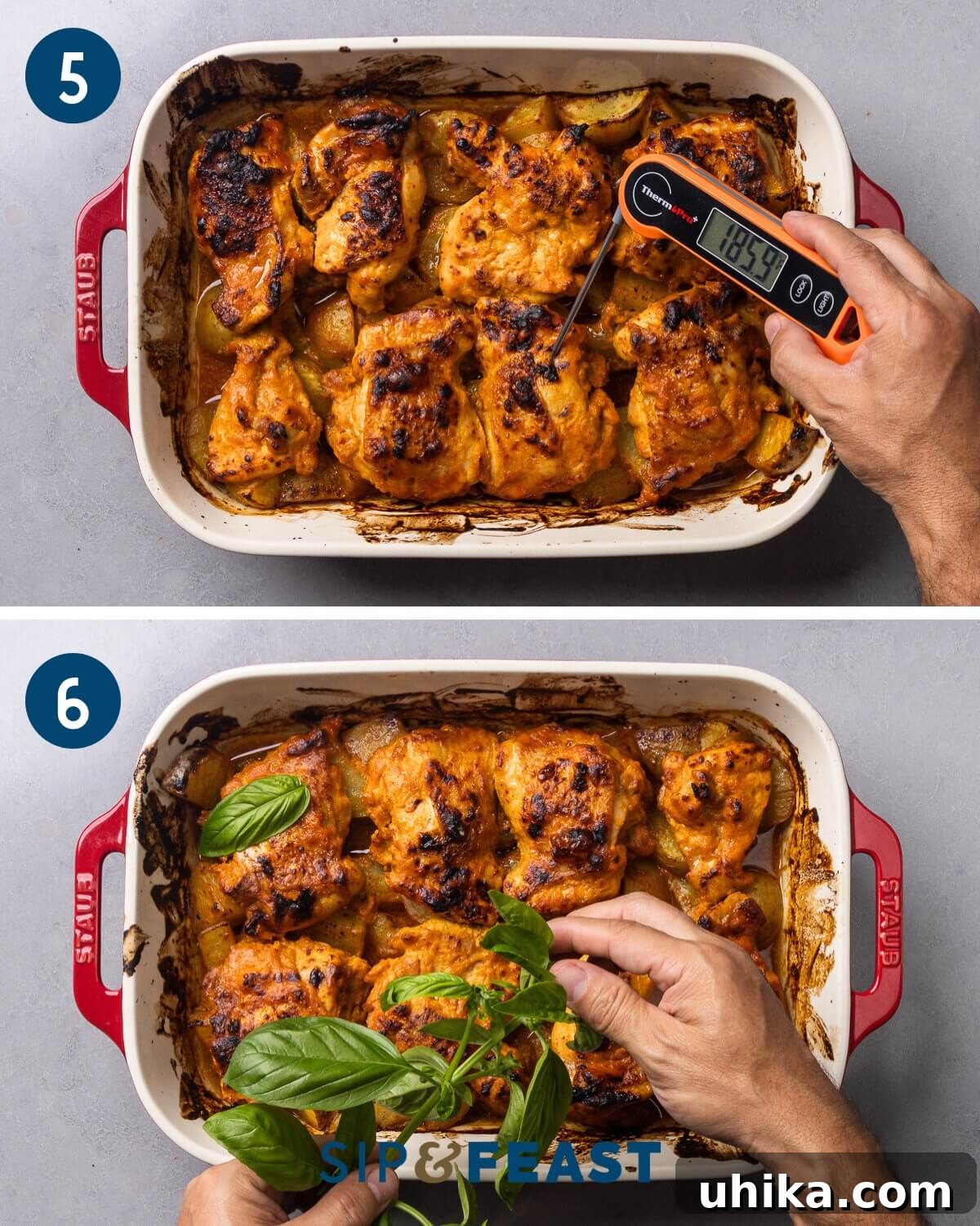 Sticky Hot Honey Chicken and Potatoes 7 Recipe collage showing checking the internal temperature of chicken with a thermometer and garnishing with basil leaves.