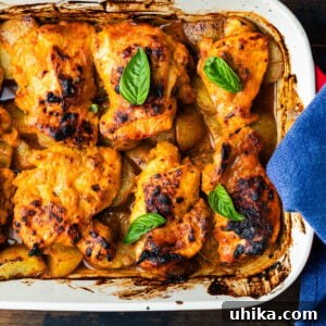 Sticky Hot Honey Chicken and Potatoes 8 One-pan hot honey chicken and potatoes in baking dish.
