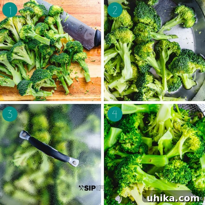Broccoli Preparation Steps - from whole head to blanched florets. #broccolirecipe #cookingsteps Process shot collage showing fresh broccoli, chopping florets, and blanching broccoli in a pot.