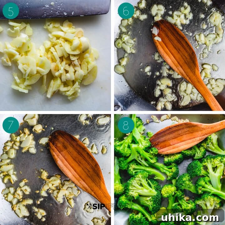 Garlic Sauté and Broccoli Combine - Infusing flavor into the broccoli. #garlicoil #sauteedvegetables Process shot collage showing chopped garlic, sautéing garlic in olive oil, and adding blanched broccoli to the pan.