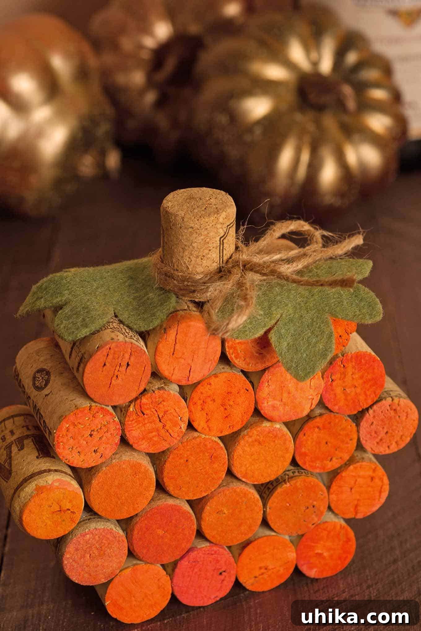 Transform Wine Corks into a Festive Pumpkin 2 DIY Wine Cork Pumpkin: An elegant and eco-friendly fall table decoration made from recycled wine corks, painted a vibrant orange with a green felt leaf and jute twine stem, perfect for autumn entertaining and parties.