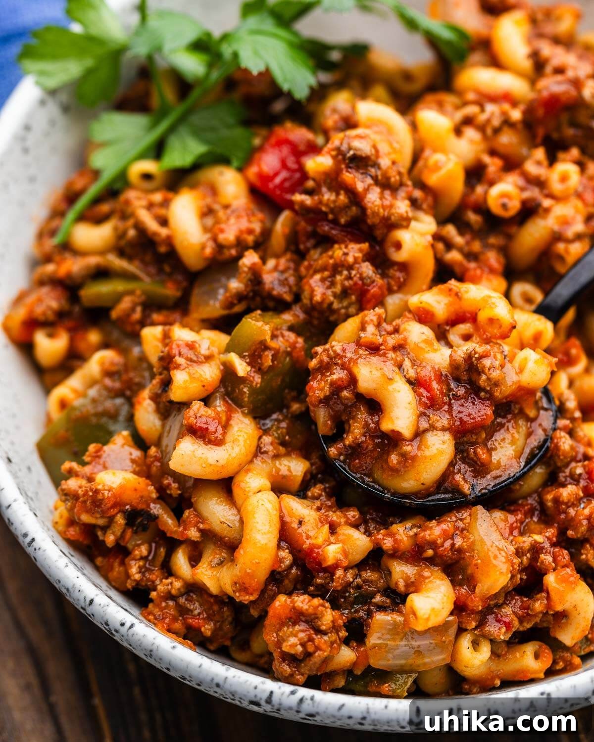 Homestyle American Beef and Macaroni 2 A steaming bowl of American goulash (American chop suey) garnished with fresh parsley, with a spoon ready for digging in.