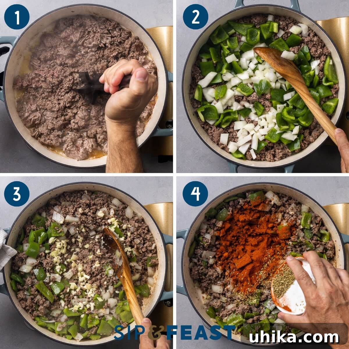 Homestyle American Beef and Macaroni 5 A collage of process shots showing ground beef browning, adding onions and peppers, mincing garlic, and stirring in spices for American goulash.