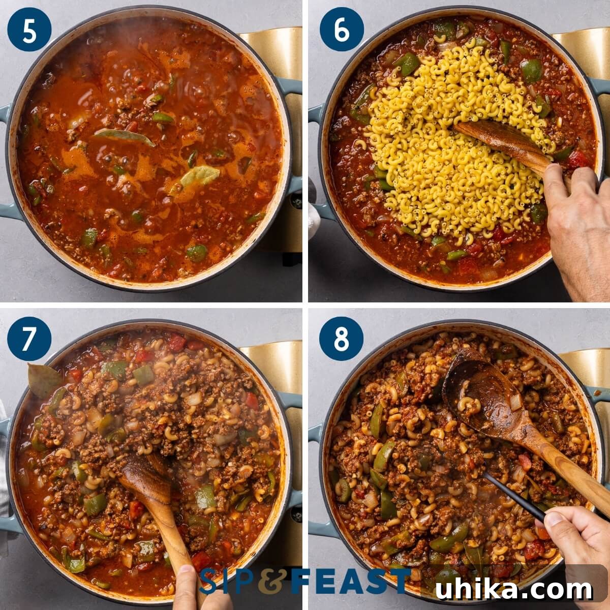 Homestyle American Beef and Macaroni 6 A collage of process shots for American goulash: sauce simmering, adding macaroni, stirring pasta, and taste testing the final dish.