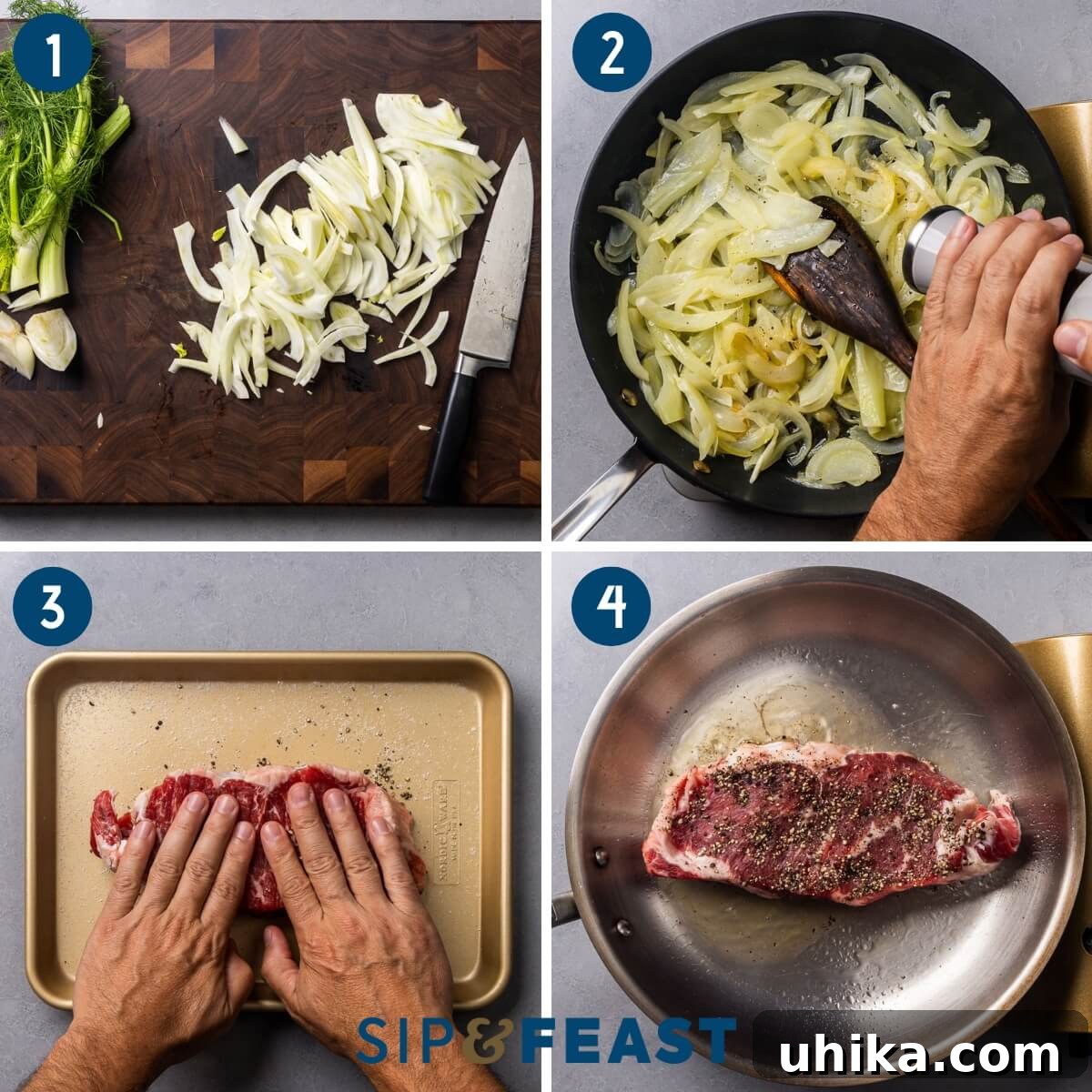 A collage showing the preparation stages: thinly sliced fennel and onions, seasoning the vegetables, pressing crushed black peppercorns onto the steak, and searing the steak in a hot cast-iron pan.