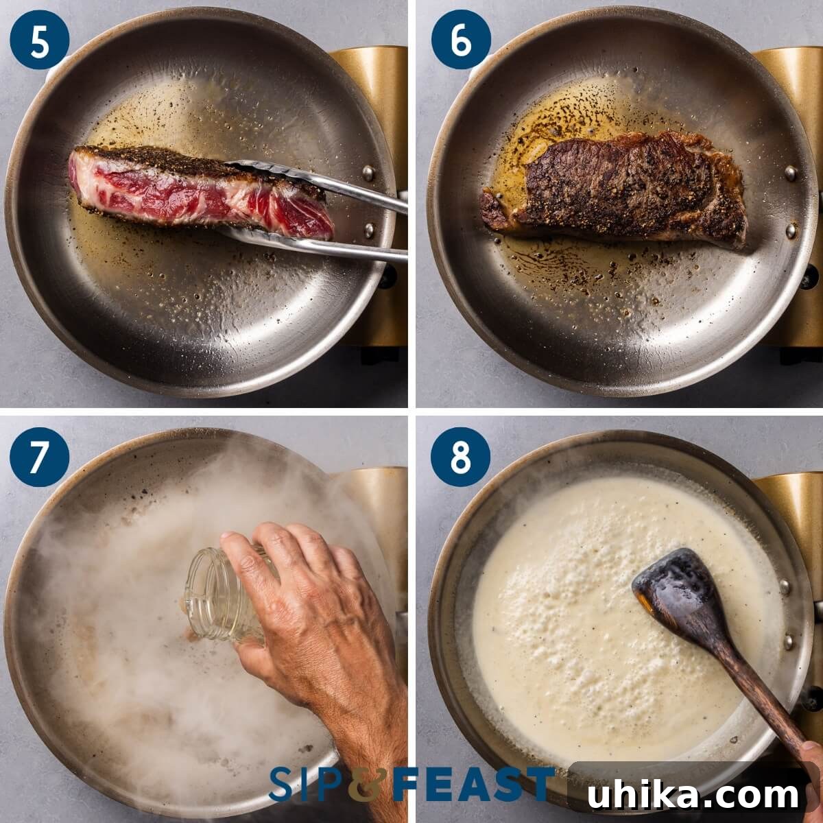 A second collage illustrating the cooking process: searing the sides of the thick steak with tongs, deglazing the pan with white wine to capture flavor, and simmering the creamy gorgonzola sauce in the same pan.