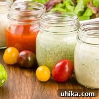 Four glass jars filled with ranch, green goddess, French, and blue cheese salad dressings, surrounded by cherry tomatoes and a cucumber, with a plate of mixed greens in the background.