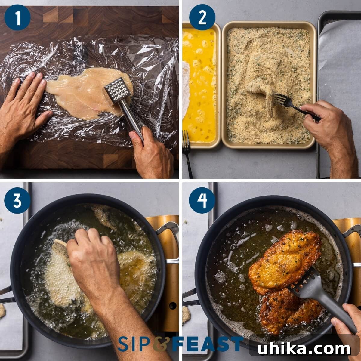 Crispy Chicken Cutlets with Fiery Vodka Rigatoni 5 Recipe process shot collage group one showing pounding chicken, breading chicken, and frying chicken cutlets.
