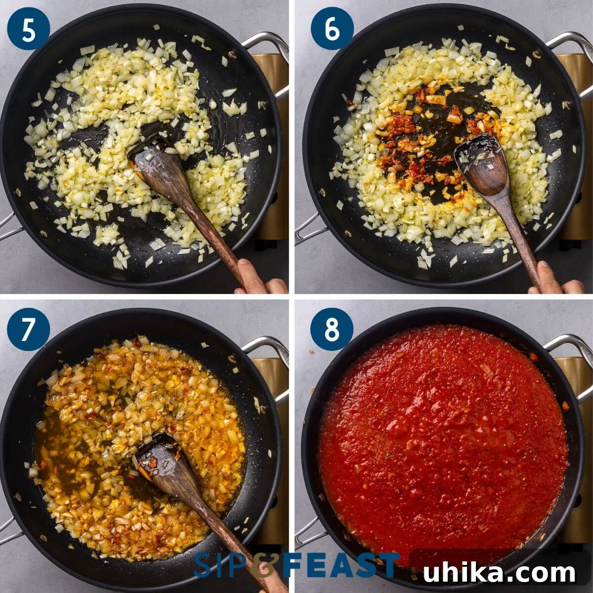Crispy Chicken Cutlets with Fiery Vodka Rigatoni 6 Recipe collage three showing sauteing onion, adding the Calabrian chili paste, adding the wine, and simmering the sauce.