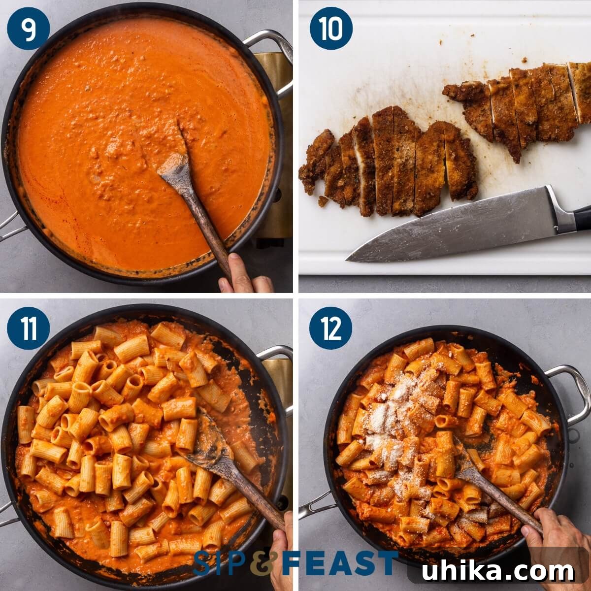 Crispy Chicken Cutlets with Fiery Vodka Rigatoni 7 Recipe process collage three showing mixing in the cream, slicing the chicken cutlets, finishing the pasta in the sauce, and mixing in the cheese.