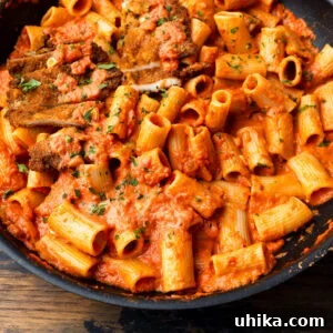 Large pan with spicy vodka rigatoni with sliced chicken cutlets.