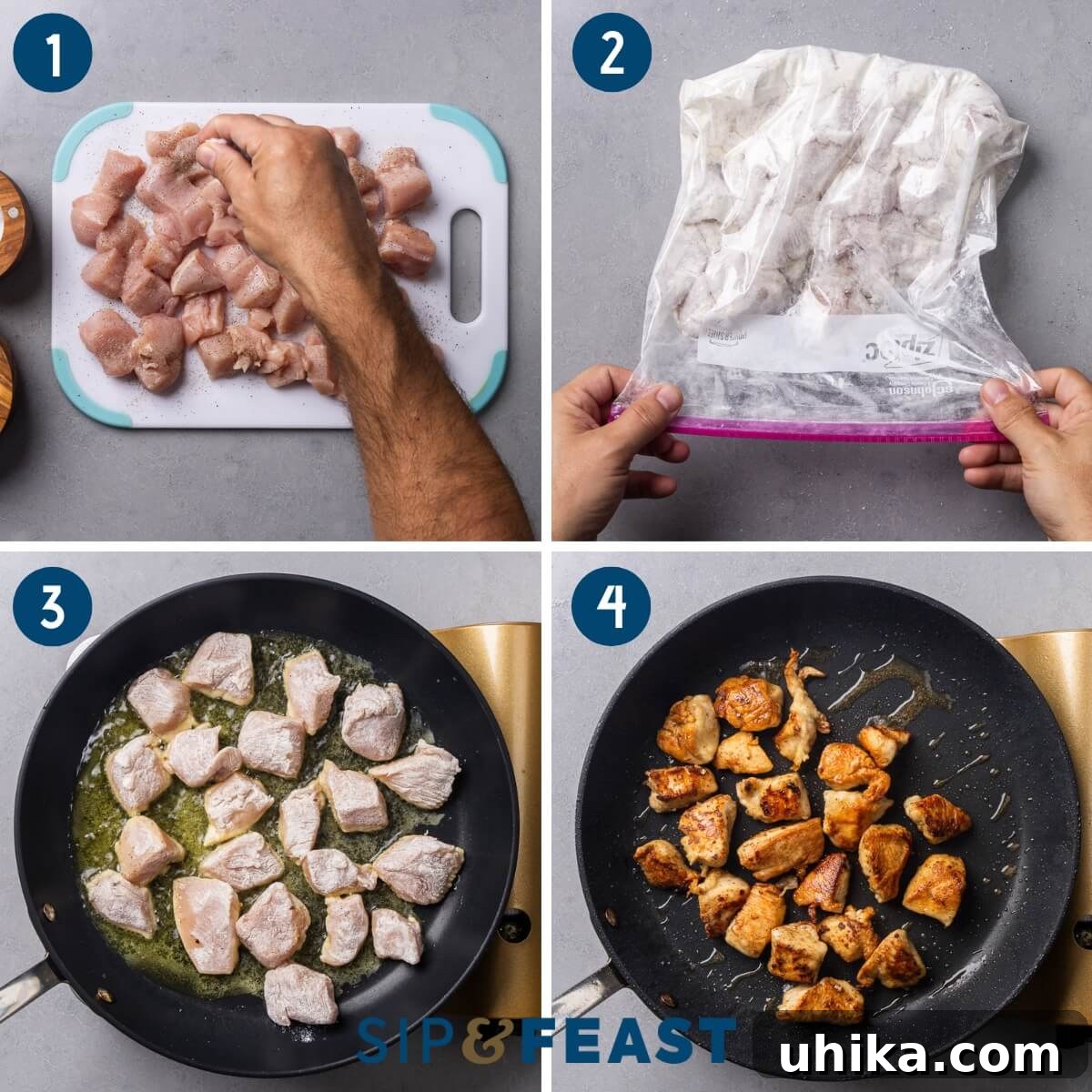 Buttery Garlic Chicken Poppers 5 Recipe process shot collage showing seasoning cubed chicken, flouring the chicken, and searing the chicken in olive oil.