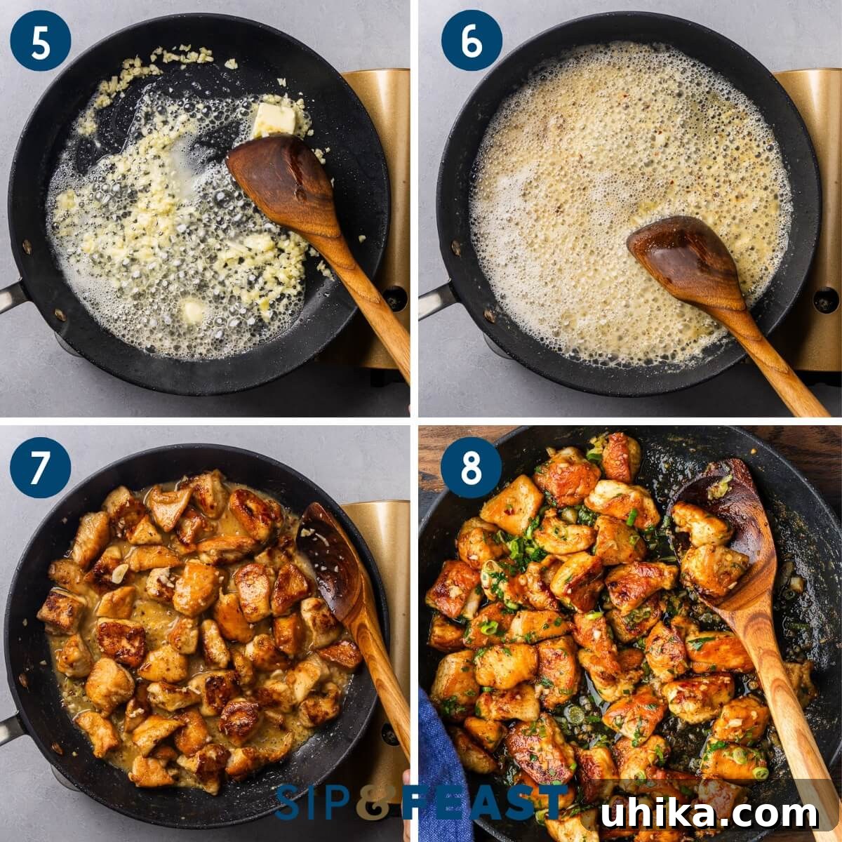 Buttery Garlic Chicken Poppers 6 Recipe collage showing sauteing garlic in butter, adding wine to pan, returning chicken to the pan, and mixing in the parsley and green onions.