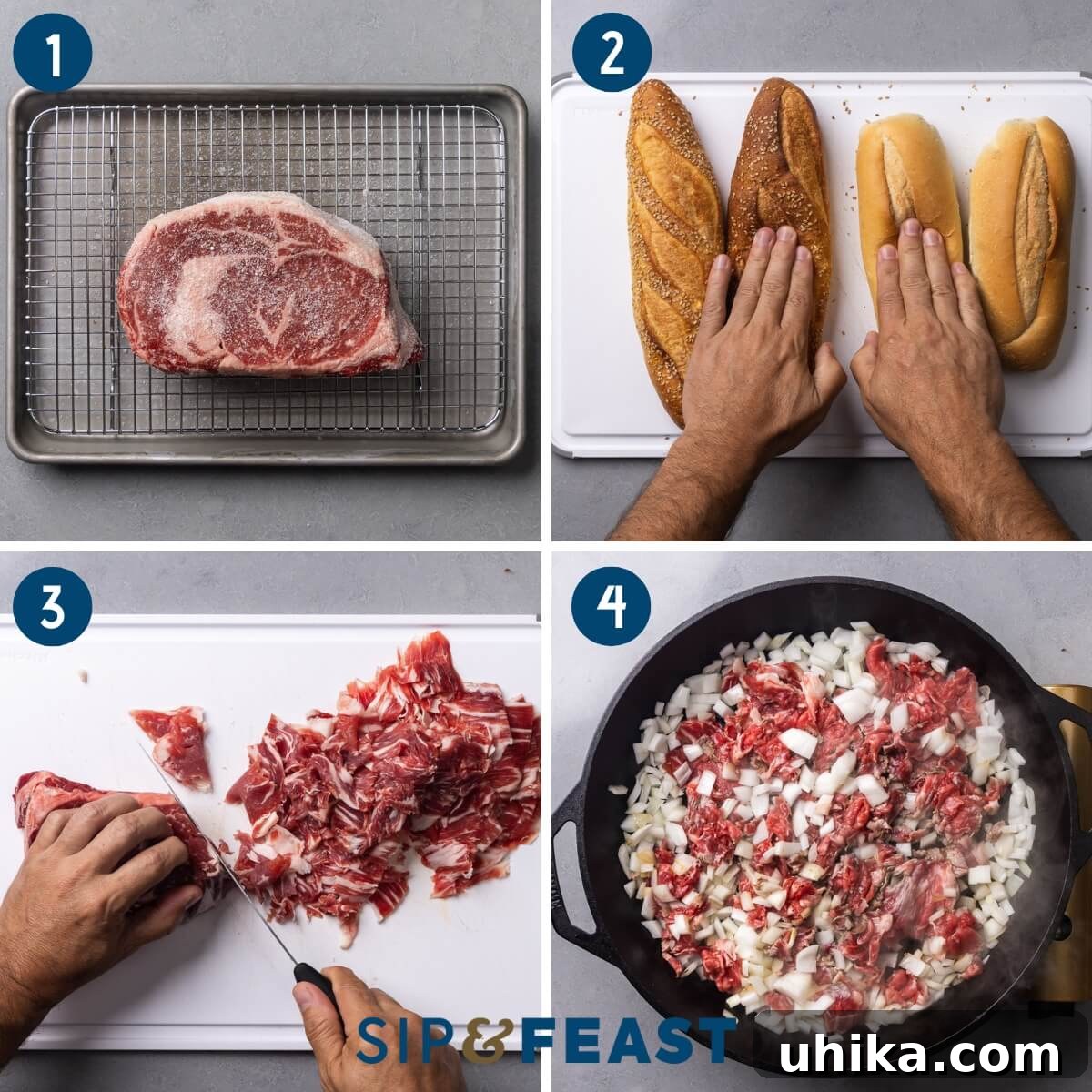 Effortless Philly Cheesesteak 5 A visual guide showing the initial steps of making a Philly Cheesesteak: salting raw ribeye, preparing soft hoagie rolls, thinly slicing the steak, and searing steak with onions in a hot pan.
