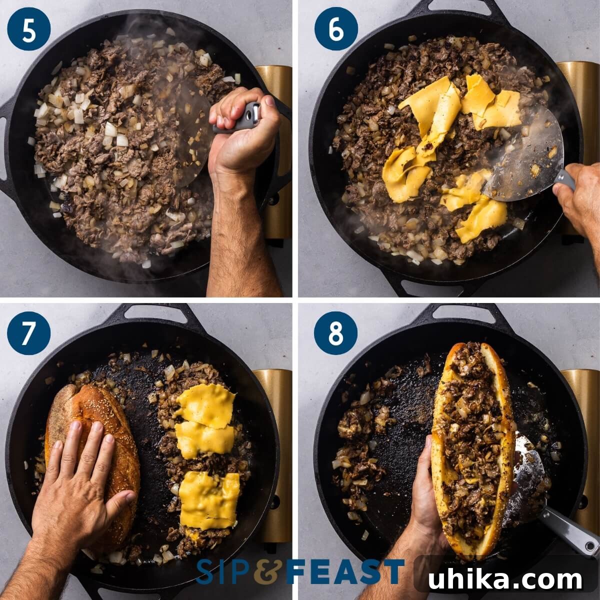 Effortless Philly Cheesesteak 6 A visual guide showing the final steps of making a Philly Cheesesteak: chopping the cooked steak and cheese mixture, pressing a hoagie roll onto the filling, and a close-up of the finished sandwich ready to eat.