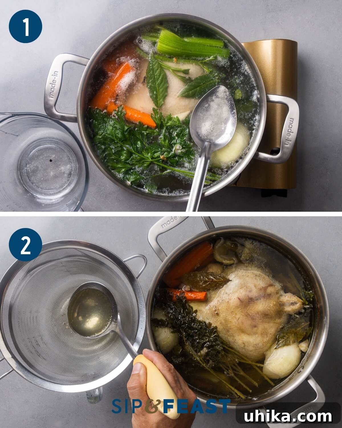 Heartwarming Pastina Broth 5 A two-part collage depicting the initial stages of broth preparation: carefully skimming impurities from the surface of the boiling broth, and then gently ladling the finished, clear broth through a fine-mesh strainer into a clean pot.