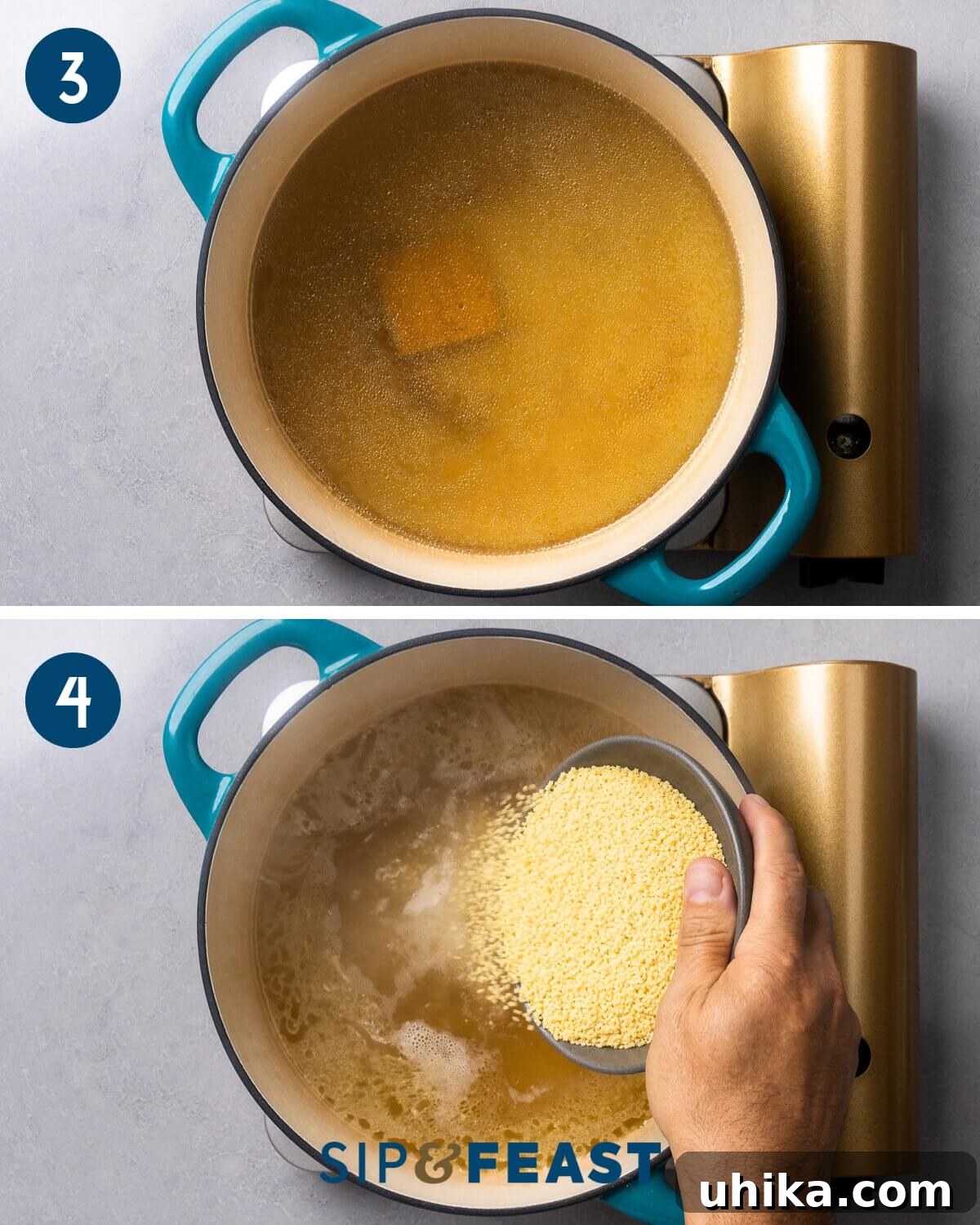 Heartwarming Pastina Broth 6 A two-part collage showing the cooking of pastina: first, bringing a portion of the homemade broth to a boil with parmesan rind and butter, then adding the tiny pastina to the simmering broth.