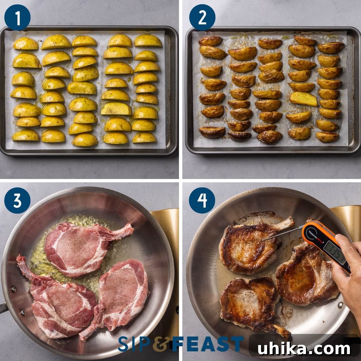 Sweet Heat Peppadew Pork with Crispy Roasted Potatoes 5 A collage showing the initial steps: arranging potato wedges on a baking sheet, the perfectly roasted golden potatoes, searing seasoned pork chops in a hot stainless steel pan, and using an instant-read thermometer to check the internal temperature of the pork chops.