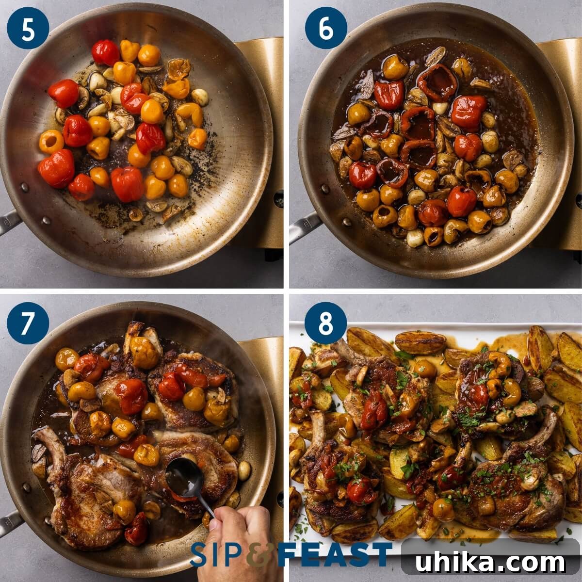 Sweet Heat Peppadew Pork with Crispy Roasted Potatoes 6 A two-part collage showing the sauce-making process: first, sautéing garlic and peppadew peppers in the pan, then the sauce simmering and reducing. The second part shows pork chops being returned to the pan and basted with the sauce, and finally, the finished dish artfully arranged on a platter.