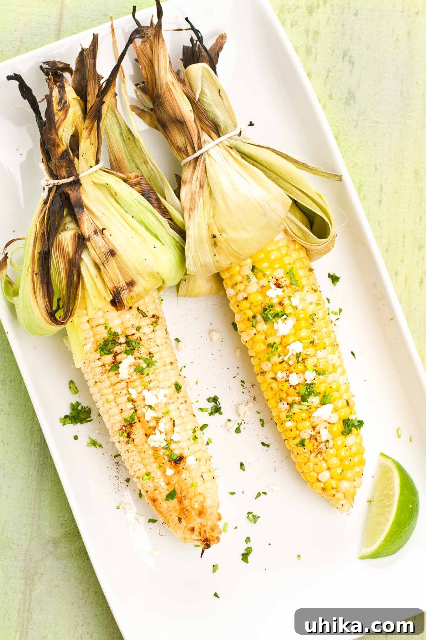 Authentic Mexican Grilled Corn 2 Two ears of perfectly grilled Mexican street corn (Elote) on a serving platter, adorned with vibrant green cilantro, crumbled Cotija cheese, and a hint of smoky seasoning. One ear is white corn, the other yellow, showcasing the deliciousness of fresh summer produce.