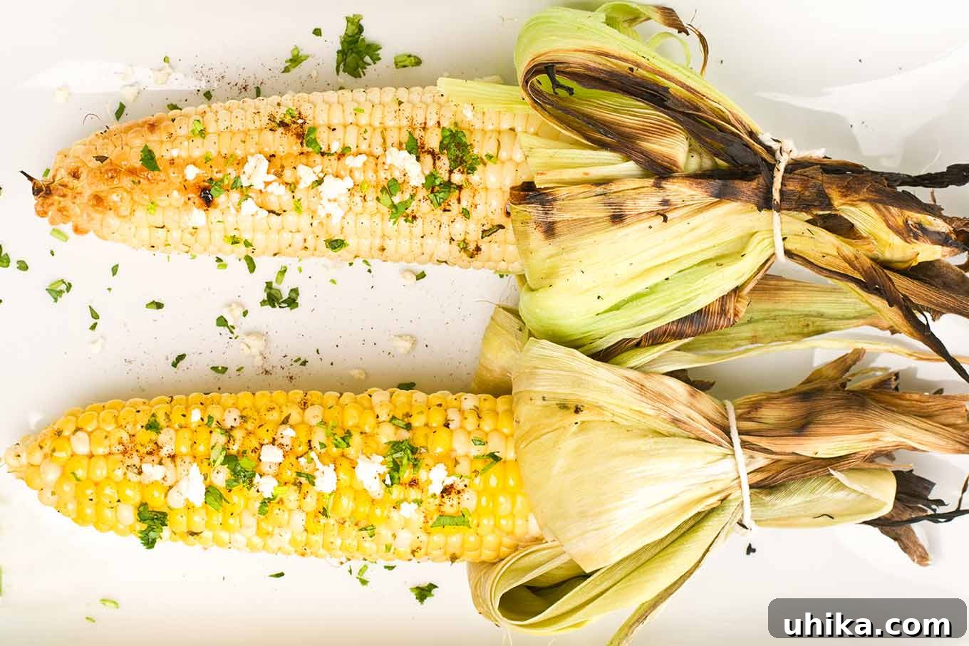 Authentic Mexican Grilled Corn 3 A close-up, overhead view of two ears of freshly grilled Mexican street corn (Elote) ready to be served. Each ear is generously topped with melted butter, finely chopped fresh cilantro, and crumbled Cotija cheese, showcasing a vibrant and enticing presentation.