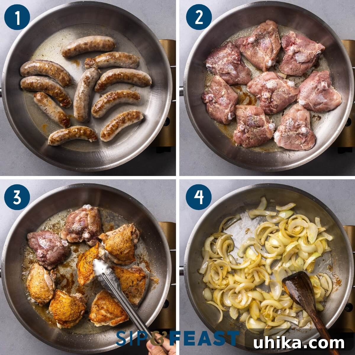One-Pan Rosemary Chicken with Sausage and Burst Tomatoes 5 Collage of recipe process showing searing of sausage, chicken thighs, and sautéing onions.