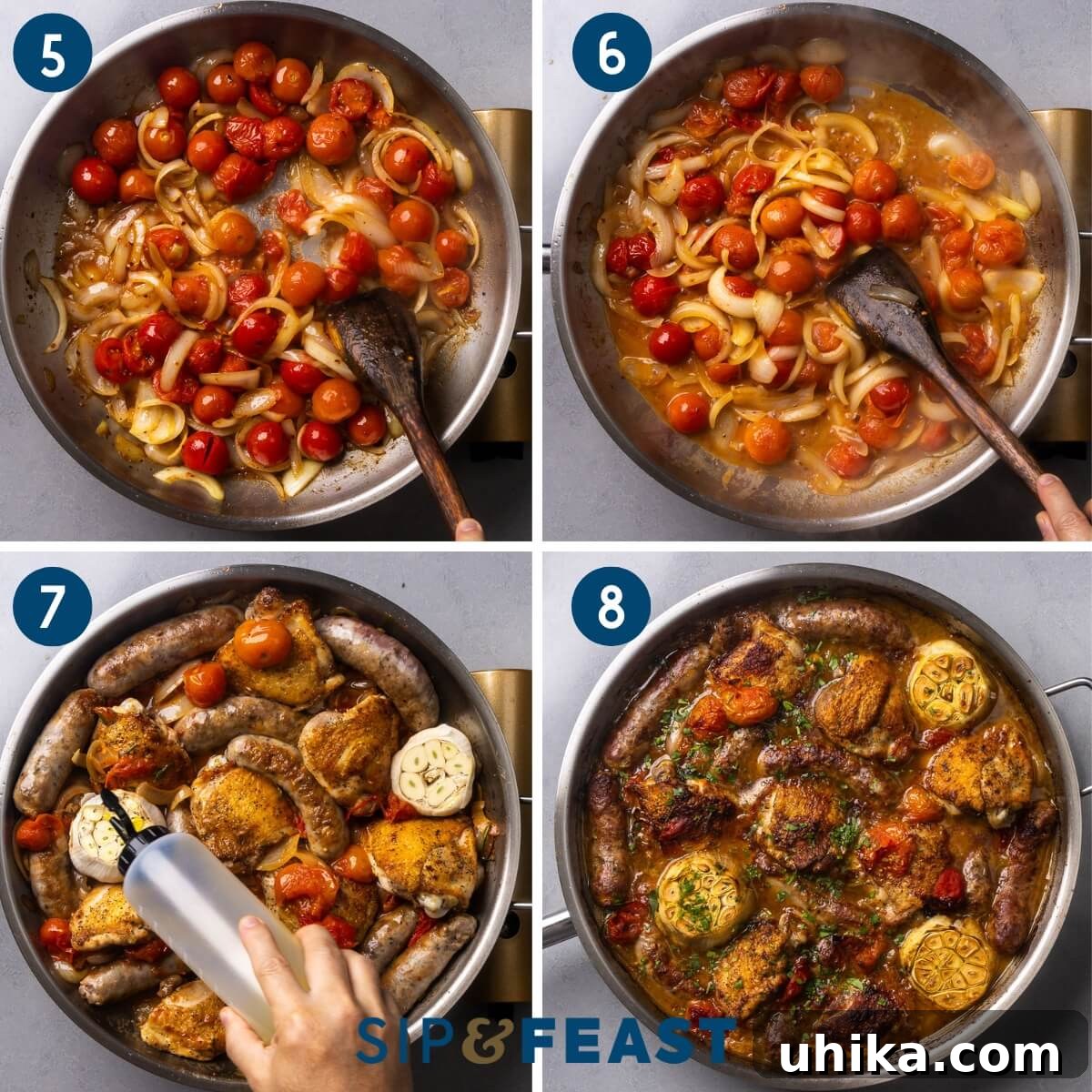 One-Pan Rosemary Chicken with Sausage and Burst Tomatoes 6 Collage of recipe process showing sautéing cherry tomatoes, deglazing with wine, arranging chicken, sausage, and garlic in the pan, and the finished roasted dish.