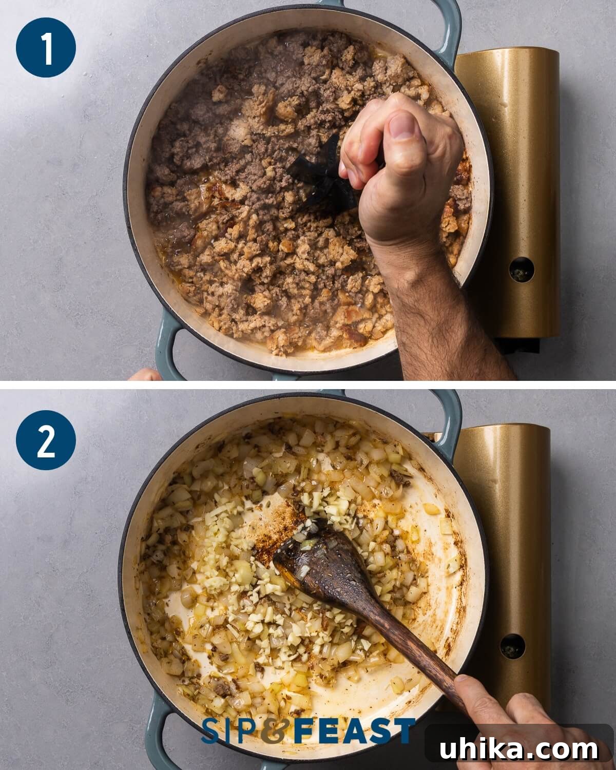 Ultimate Lasagna Soup 5 Collage showing ground sausage and beef browning in a pot, followed by diced onions and garlic sautéing in the same pot.