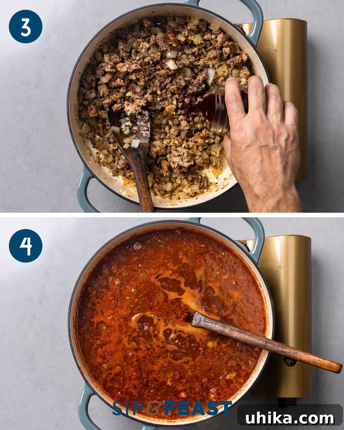 Ultimate Lasagna Soup 6 Collage showing red wine being added to the pot for deglazing, followed by the soup being brought to a gentle boil.