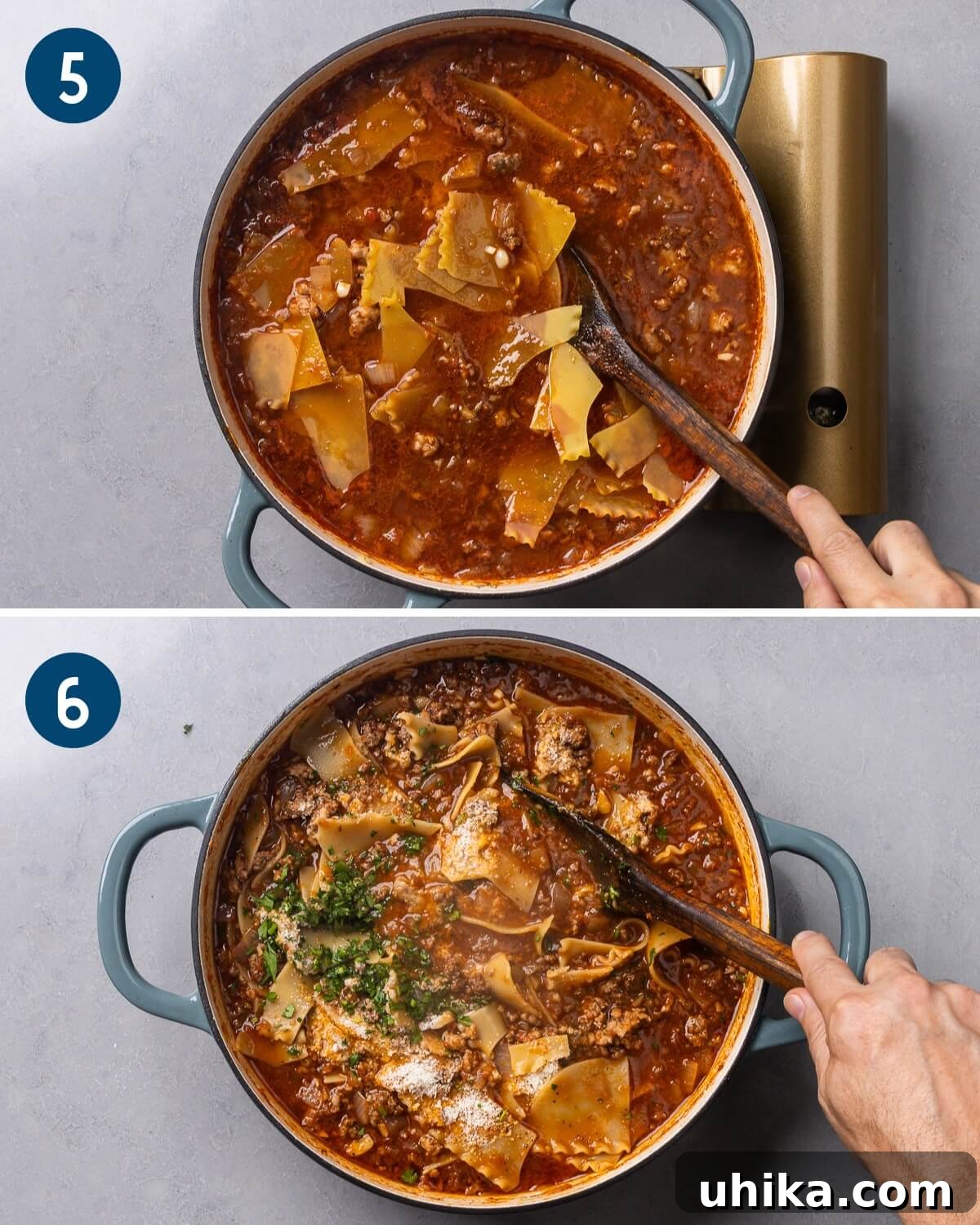 Ultimate Lasagna Soup 7 Collage showing broken lasagna noodles being added to the soup, followed by fresh herbs and grated Parmesan being stirred in at the final stage.