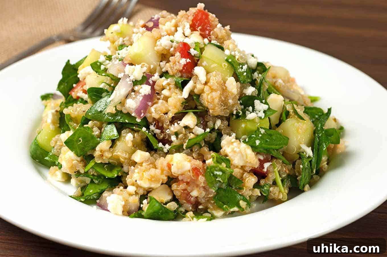 Zesty Greek Spinach Quinoa Salad 3 A close view of Greek spinach and quinoa salad with chopped cucumber, tomato, red onion, feta, and fresh greens on a white plate.