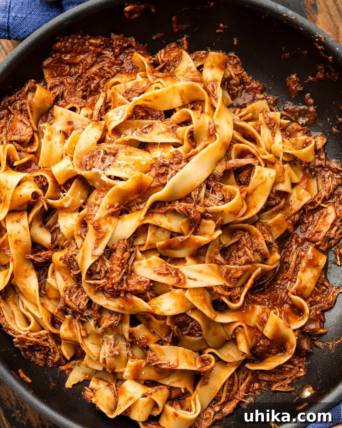 Slow Simmered Sicilian Pork Ragu 2 Large pan with pappardelle and Sicilian pork ragu, invitingly garnished and ready to serve.
