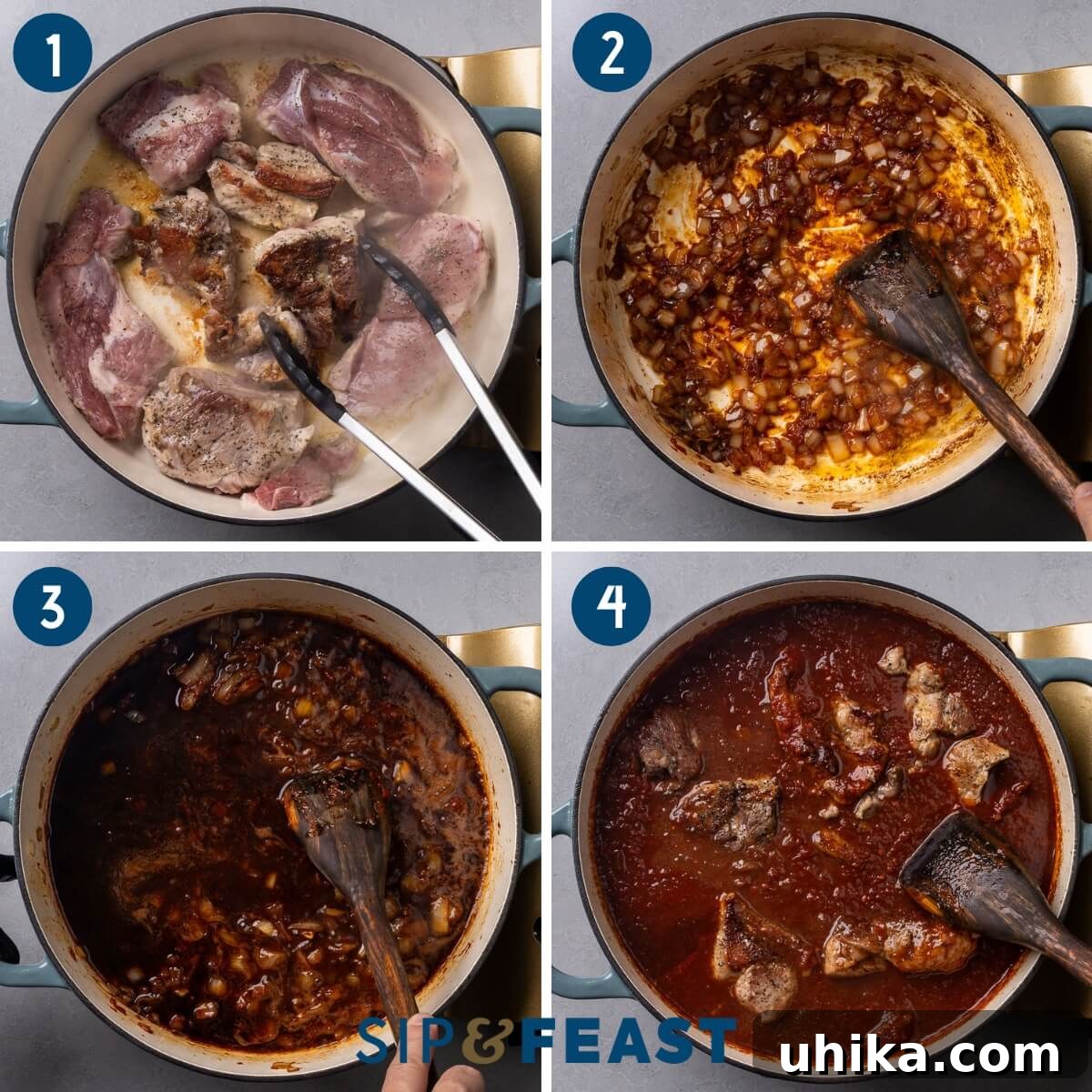 Slow Simmered Sicilian Pork Ragu 5 A collage of process shots showing the initial steps of making Sicilian pork ragu: searing pork shoulder, sautéing onions and tomato paste, deglazing the pot with red wine, and returning the pork to the flavorful sauce.