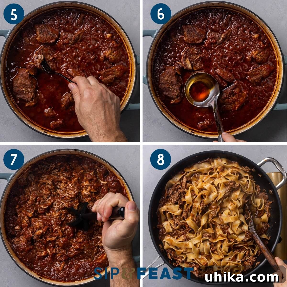Slow Simmered Sicilian Pork Ragu 6 A collage of process shots illustrating the final stages of Sicilian pork ragu preparation: checking the pork for tenderness, degreasing the rich sauce, expertly shredding the succulent pork, and finally, tossing the cooked pappardelle with the flavorful ragu.