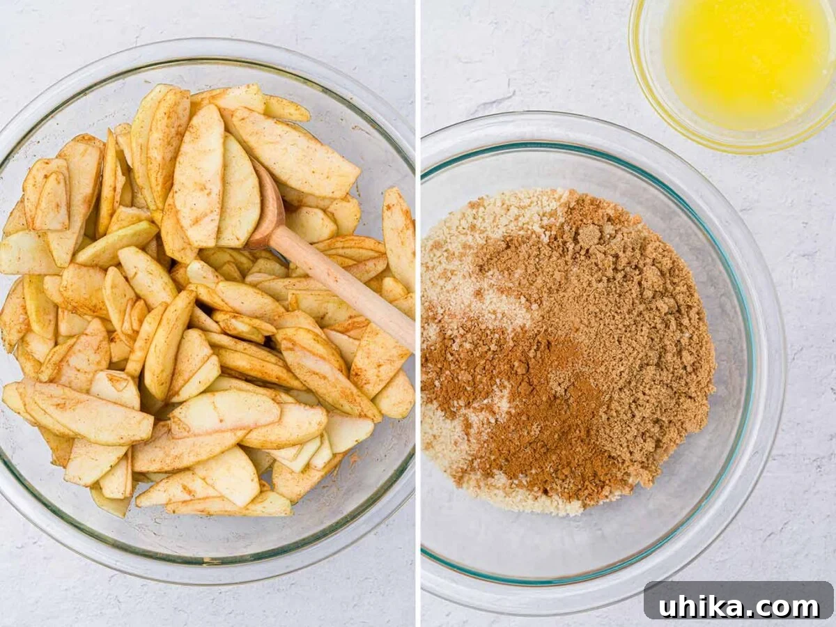 Heartwarming Apple Betty Bake 5 Two preparation photos for Apple Brown Betty: on the left, a bowl of spiced apple slices; on the right, a mixing bowl with panko breadcrumbs, brown sugar, and cinnamon, ready for assembly.