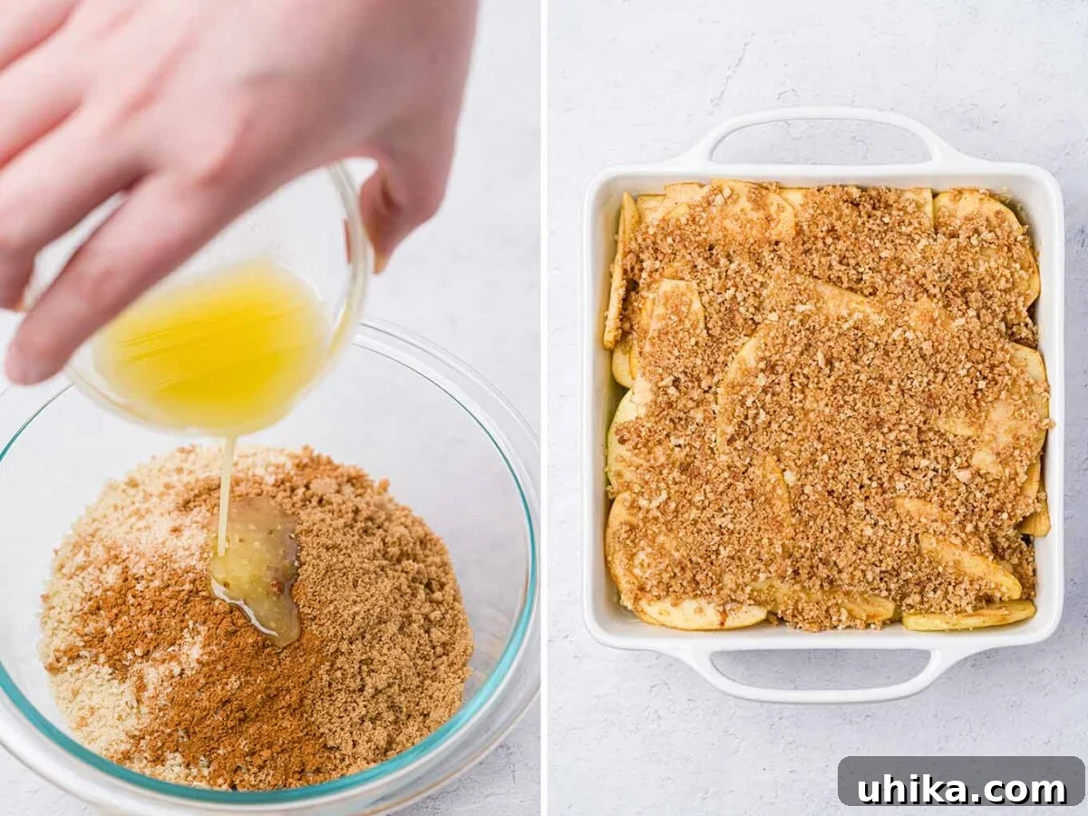 Heartwarming Apple Betty Bake 6 Two close-up prep photos for Apple Brown Betty: on the left, melted butter being drizzled into a bowl of panko, sugar, and spices; on the right, the assembled dish topped generously with golden crumbs, ready for baking.