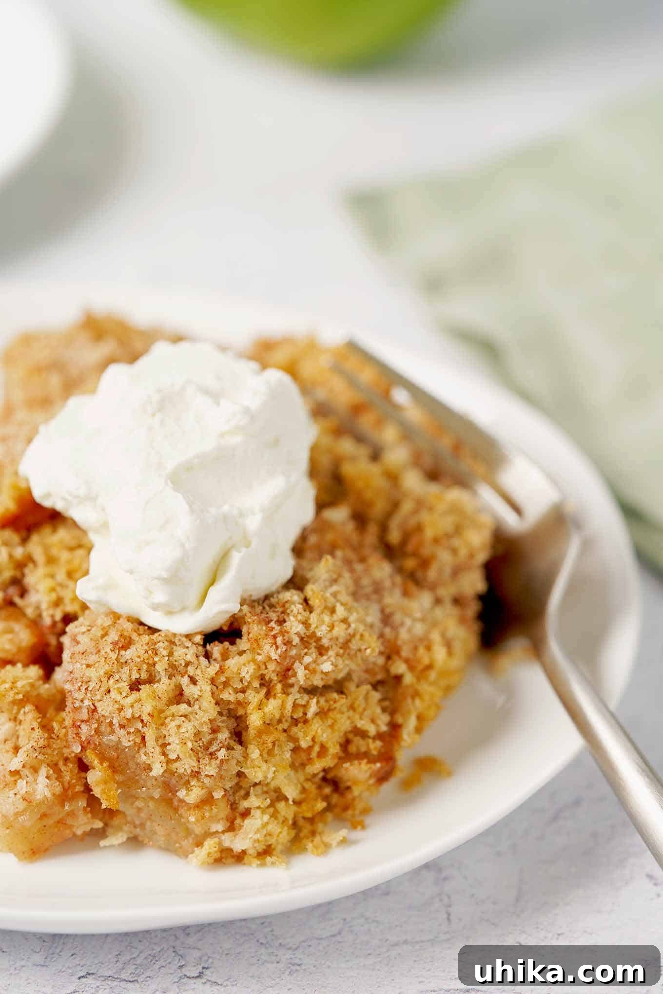 Heartwarming Apple Betty Bake 7 Close-up photo of a perfect slice of Apple Brown Betty on a white plate, showcasing its golden brown, textured crumb topping and tender apple filling, elegantly garnished with a dollop of fluffy whipped cream.