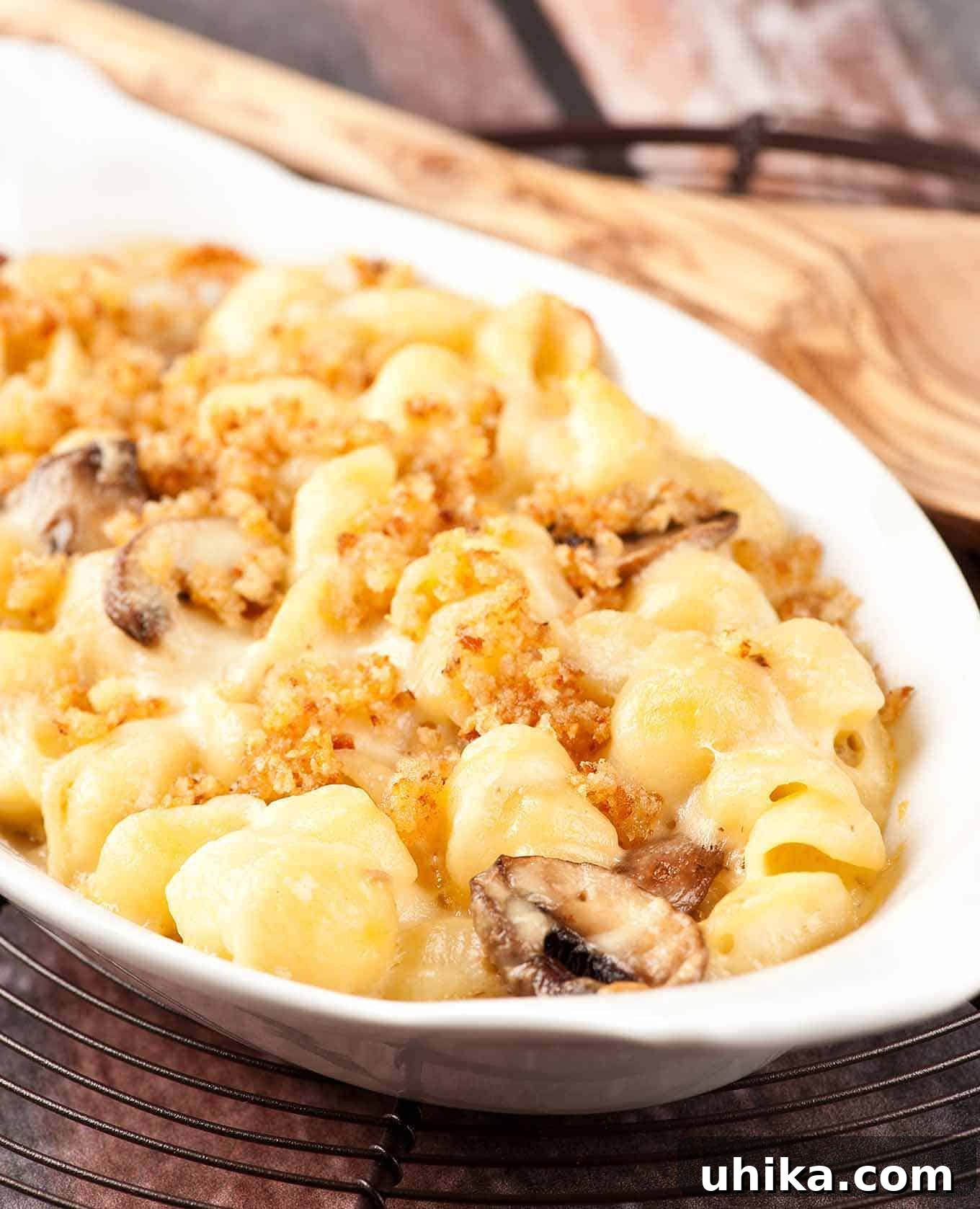 Creamy Truffle Macaroni and Cheese with sautéed mushrooms