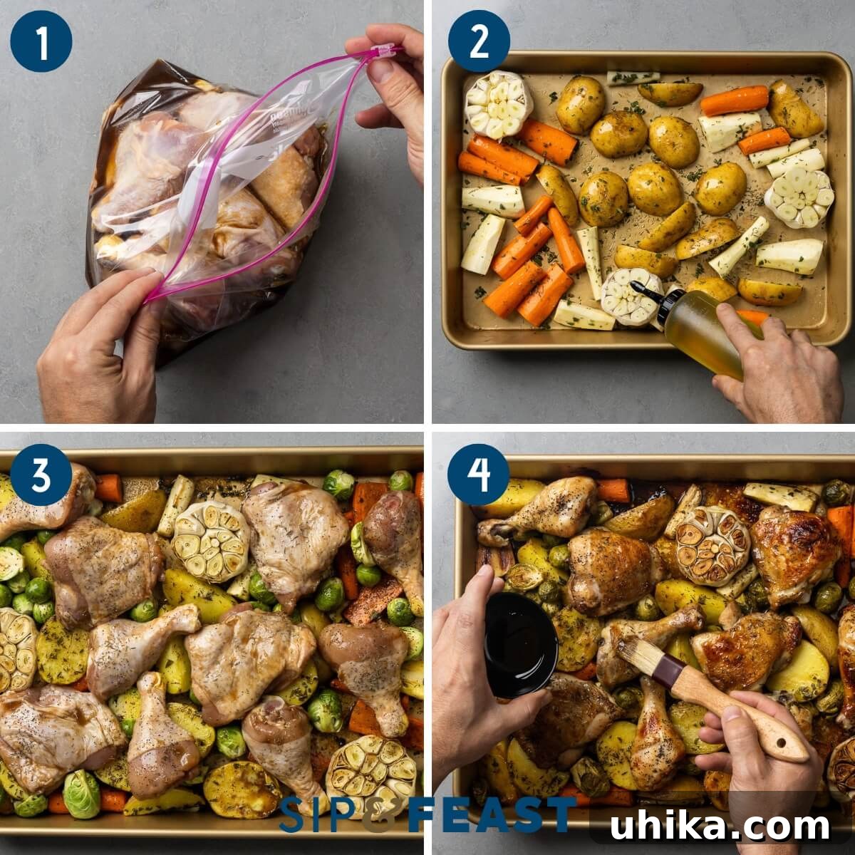 Maple Glazed Roast Chicken 5 Recipe process collage showing marinating the chicken, spreading the vegetables out onto a large baking pan, adding the marinated chicken and brussels sprouts, and glazing the chicken with maple syrup.