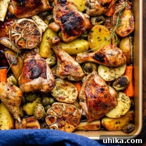Large baking dish with maple roasted chicken, roasted garlic, and fall vegetables.