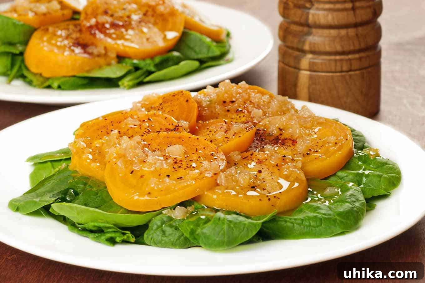 Vibrant Roasted Beet and Spinach Salad 2 Roasted golden beet slices served on a bed of fresh spinach leaves, topped with warm shallot vinaigrette and cracked black pepper. A simple composed salad with baby spinach, roasted golden beets, and a delightful warm shallot, honey, and apple cider vinegar vinaigrette, perfect for any occasion.