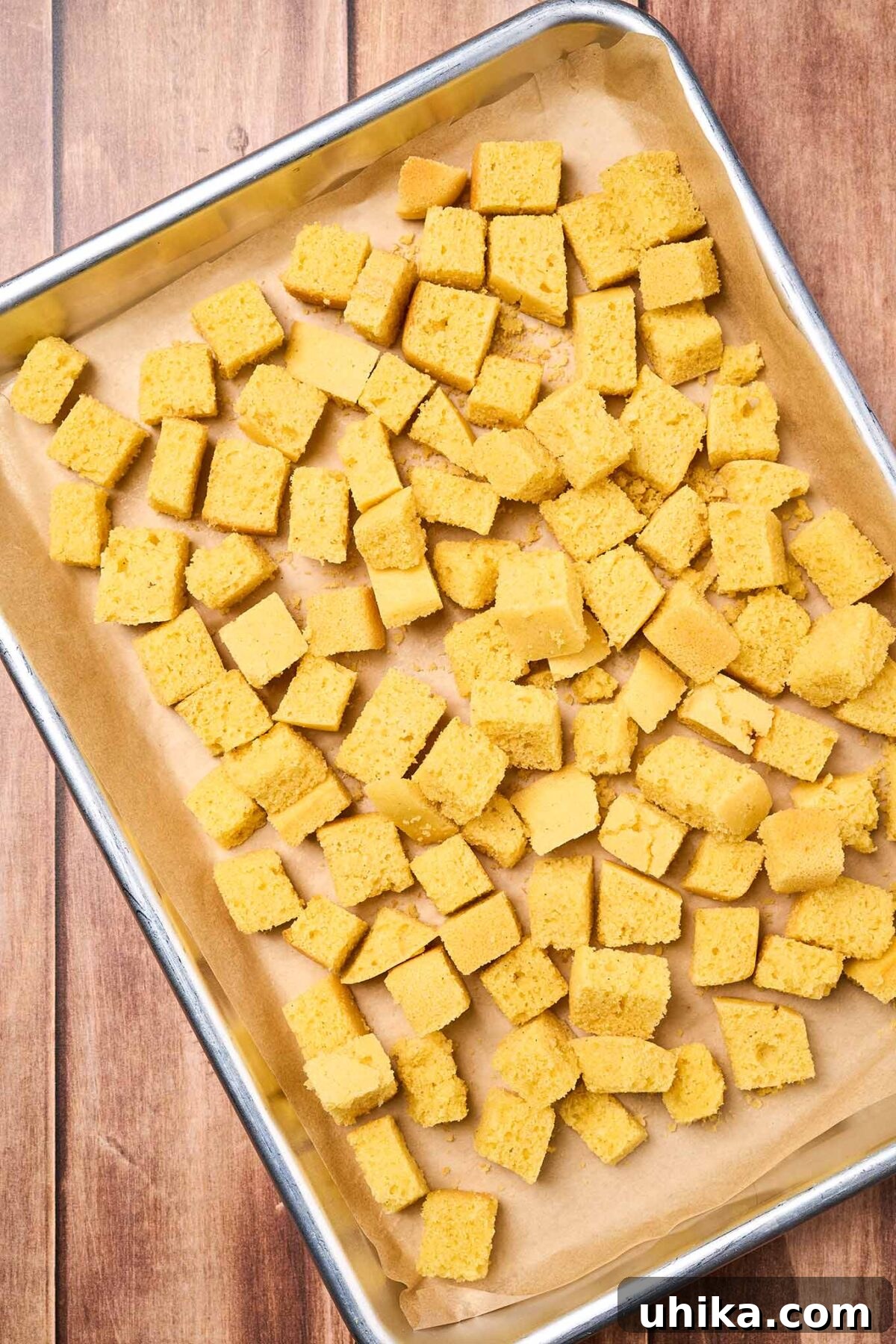 Smoked Bacon Cornbread Dressing 4 Cornbread stuffing preparation step one showing cornbread cubes on a baking sheet ready to be toasted in the oven.