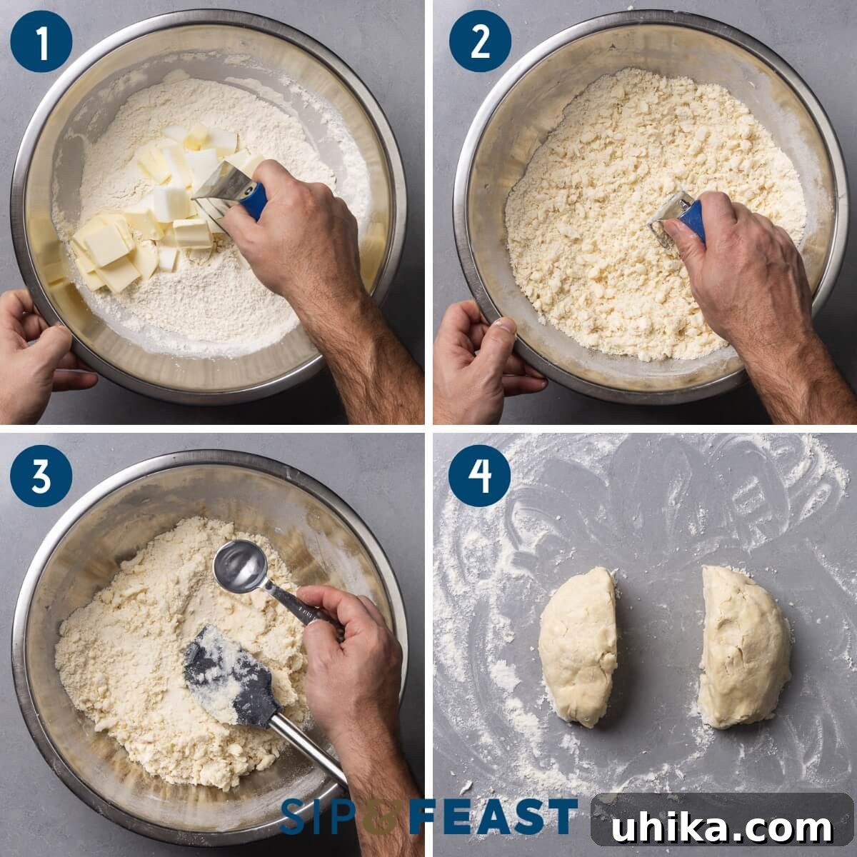 Timeless Flaky Apple Pie 6 Pie crust recipe collage group one showing cutting the butter and lard into the flour, adding ice water to the dough, and dividing the dough into two equal sections.