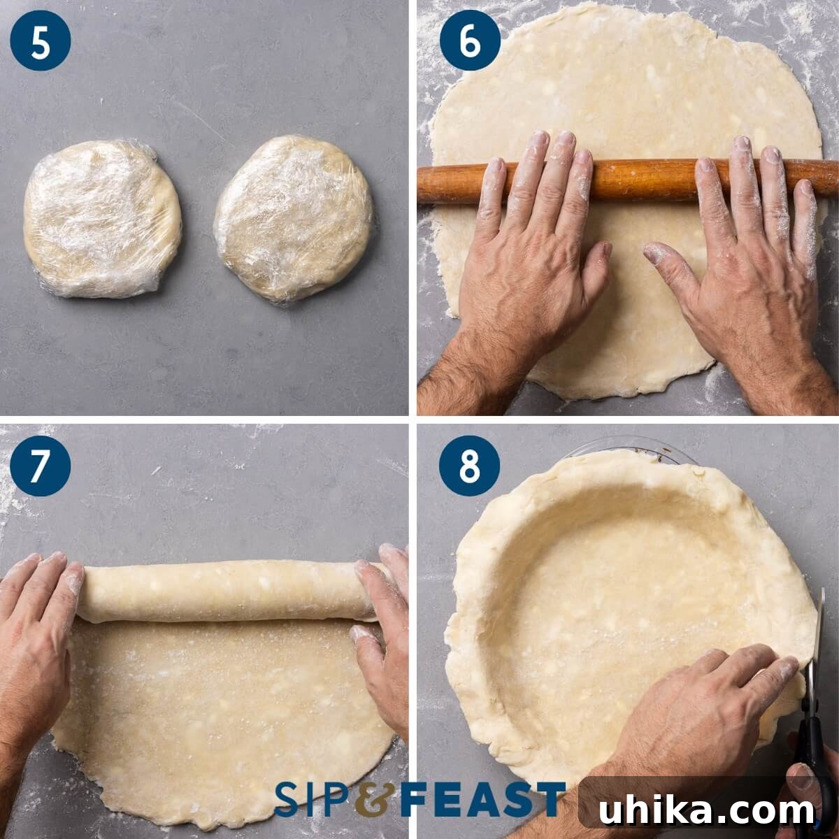 Timeless Flaky Apple Pie 7 Recipe collage two showing wrapping the discs of dough, rolling out the dough, wrapping the dough around the rolling pin, and placing the rolled dough into the pie dish.