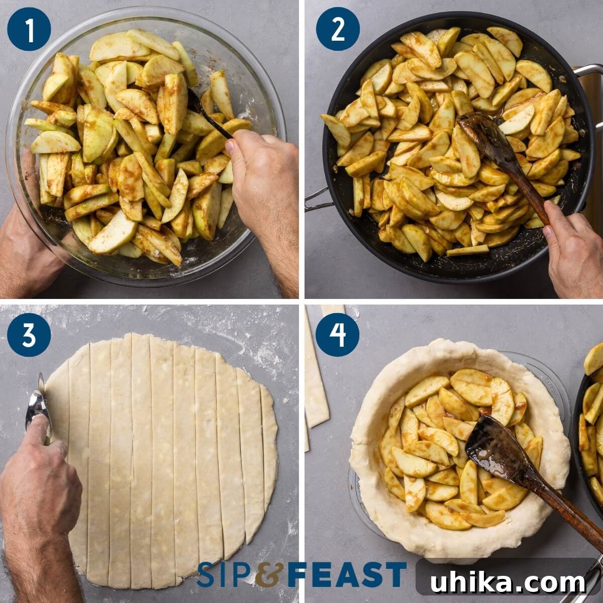 Timeless Flaky Apple Pie 8 Apple pie recipe process collage group one showing mixing the apples with cinnamon, sugar, and flour, sauteing the apples in large pan, cutting strips of pie crust for the lattice, and filling the prepared pie crust with the apples.