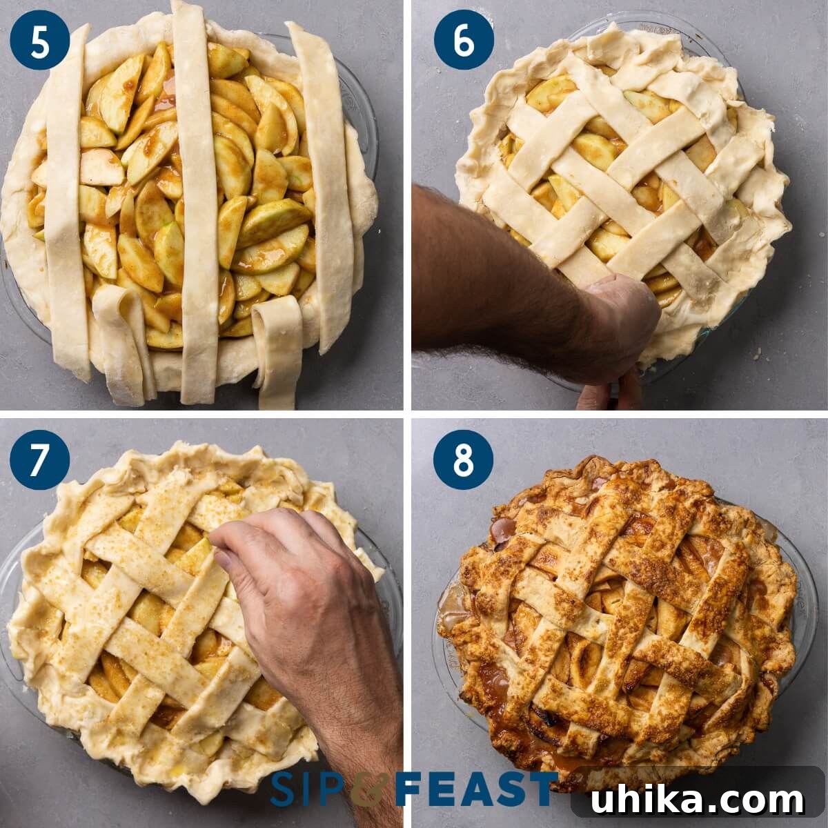 Timeless Flaky Apple Pie 9 Recipe collage two showing placing the lattice on top of the filled pie, pinching the sides of the pie, sprinkling turninado sugar on top of the pie, and the baked apple pie.