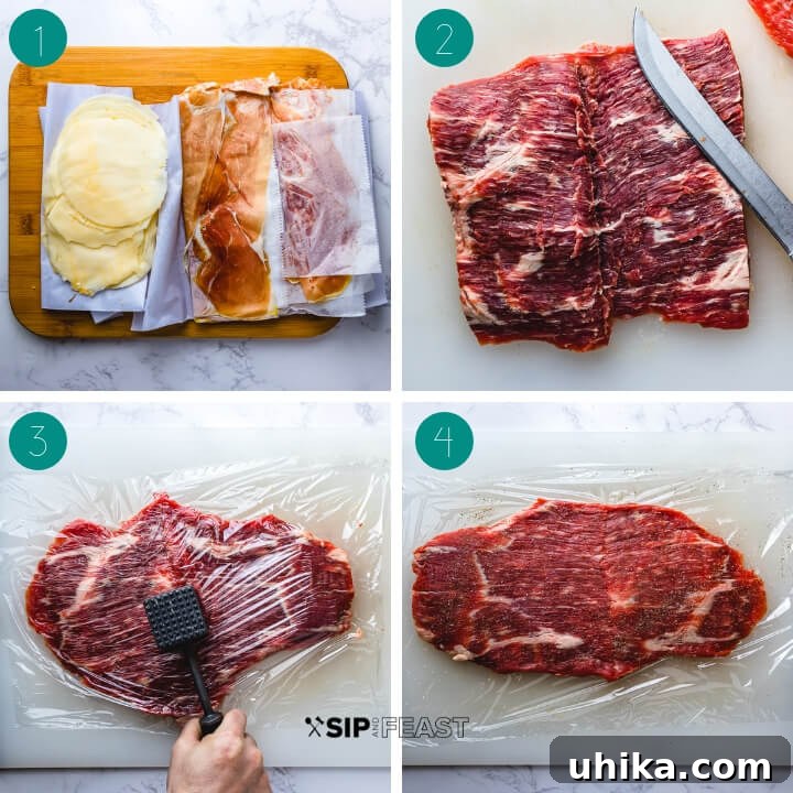Flank Steak Pinwheel Preparation: Butterflying and Pounding A collage showing the initial steps of preparing flank steak pinwheels, including provolone and prosciutto, butterflying the steak, and pounding it thin.