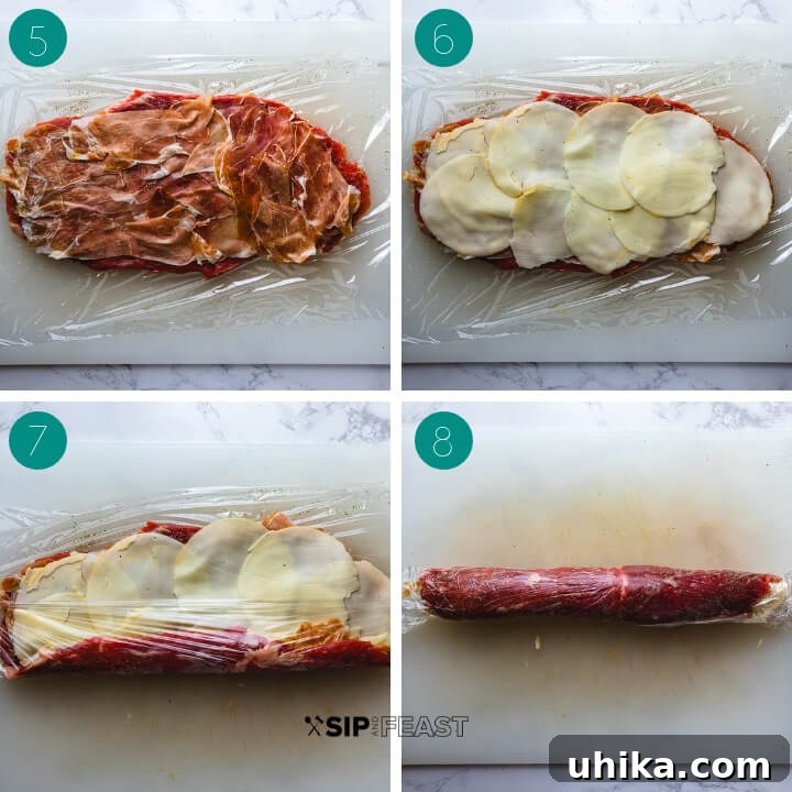 Layering Prosciutto and Provolone on Flank Steak A collage demonstrating the layering and rolling process for flank steak pinwheels, showing prosciutto, provolone, and the beginning of the roll.