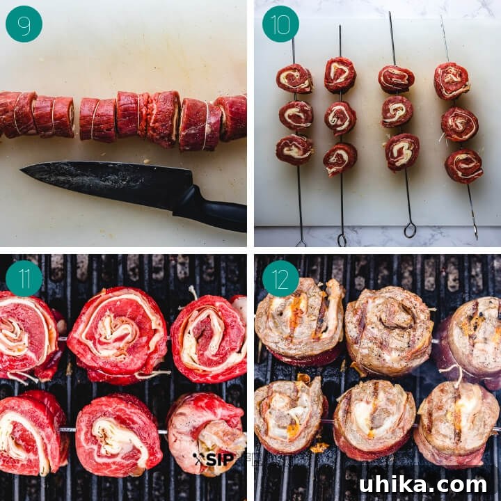 Rolling and Slicing Flank Steak into Pinwheels A collage detailing the final steps of preparing steak pinwheels, including rolling the steak, cutting it into pinwheels, and skewering them.